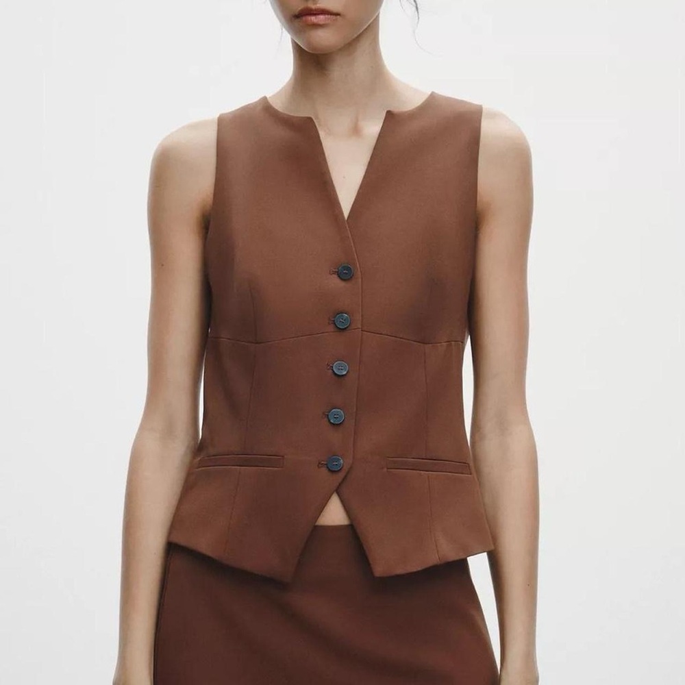 NWT Zara Button Front V-neck Welt Pocket Vest Tank Top in Brown - XS
